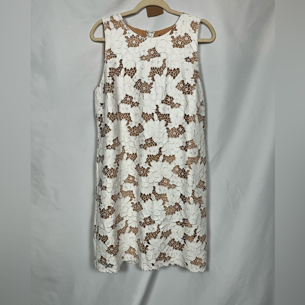White Cutout Floral Sheath Dress Wedding Shower Guest Reception Demure Size 16